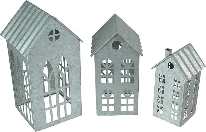 Set of 3 Country Farmhouse Christmas Village Galvanized Grey Metal House Shaped Oversized Votive ... | Amazon (US)