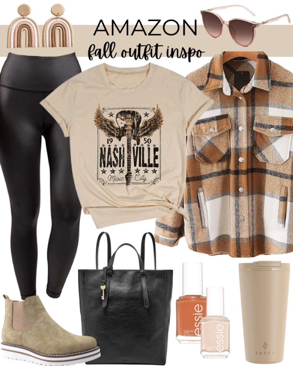 Outfit inspiration from Amazon includes Nashville graphic tee, faux leather leggings, and orange plaid shacket, black backpack purse, neutral shoes, neutral travel mug, orange Essie nail polish, neutral nail polish, sunglasses, and rainbow earrings.

Neutral outfit inspo, outfit inspiration, fall fit, fall outfit inspo, fall outfit, Amazon outfit, Amazon finds, graphic tee

#LTKstyletip #LTKitbag #LTKunder50