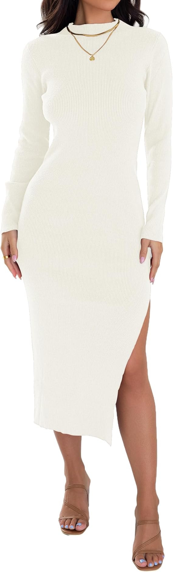 ZESICA Women's 2025 Ribbed Knit Dress Long Sleeve Mock Neck Slim Fit Side Slit Spring Elegant Swe... | Amazon (US)