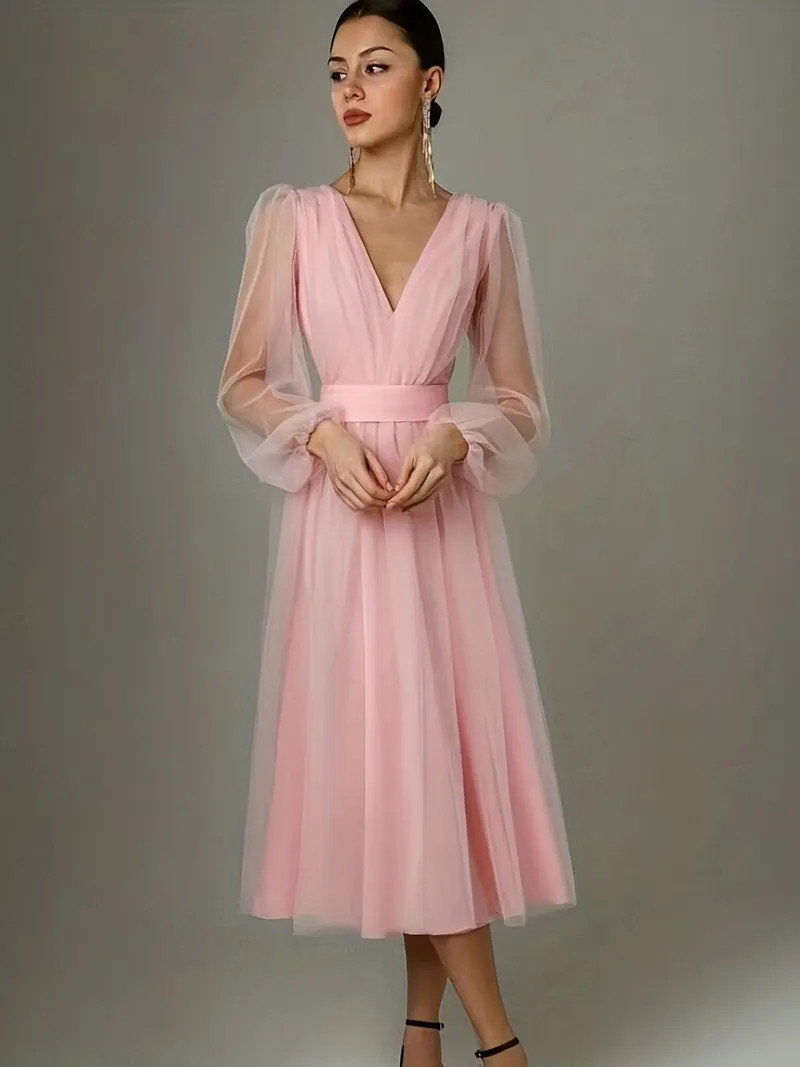 Solid Mesh Dress, Elegant Surplice Neck Long Sleeve Pleated Party Dress, Women's Clothing | Temu Affiliate Program