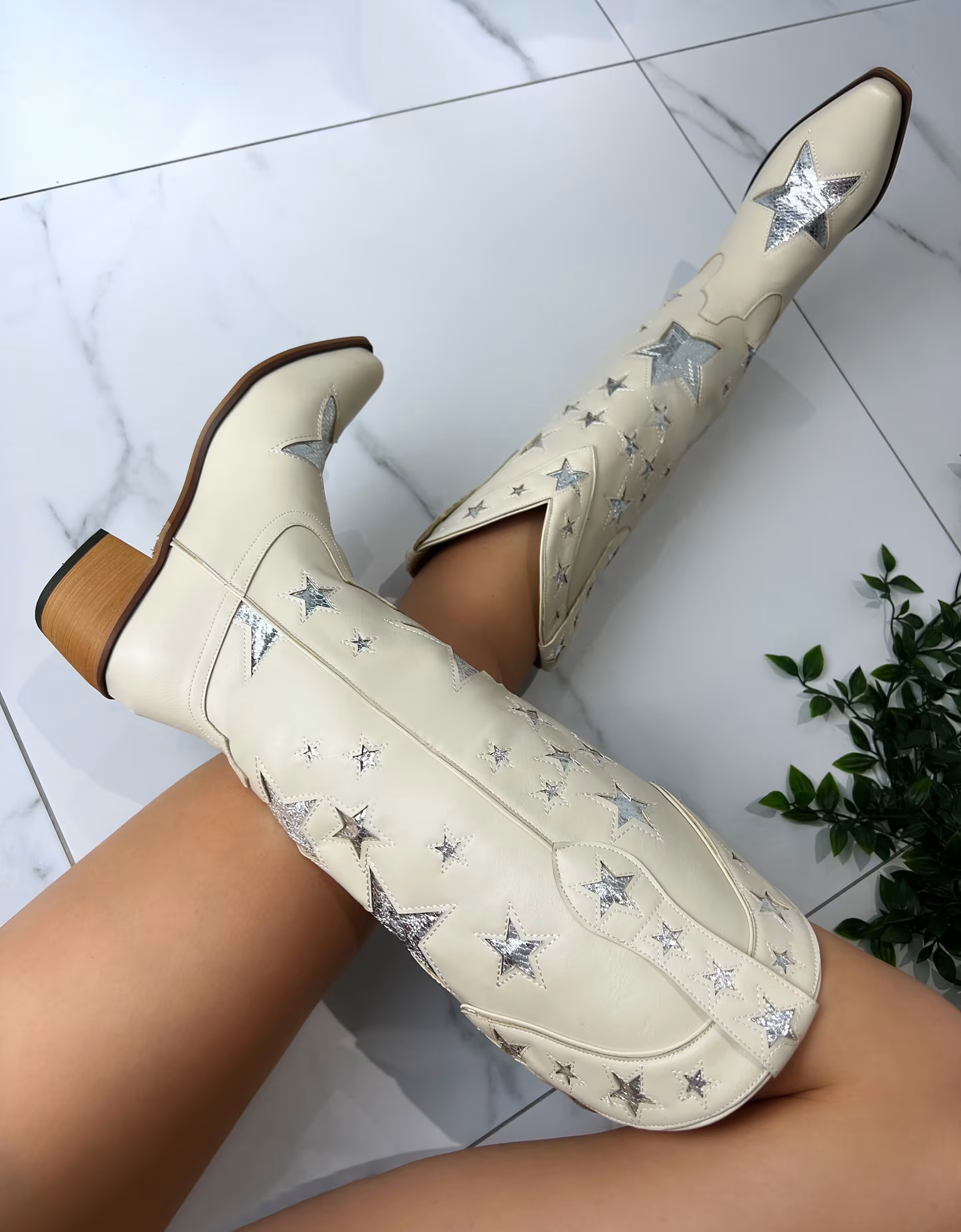 DIA STUDIOS Cowboy Western Boots in cream and Silver | ASOS (Global)