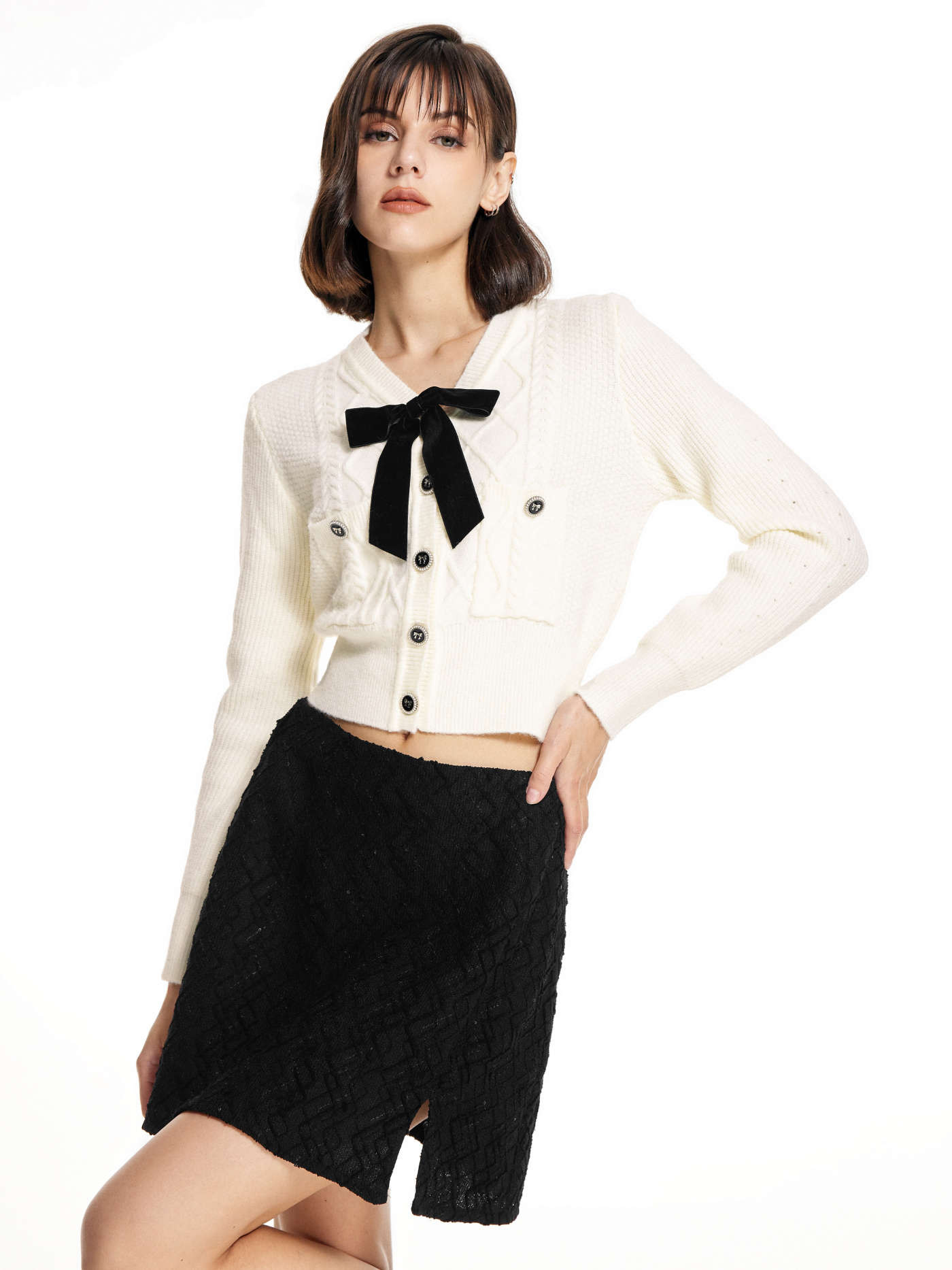 V-neck Bowknot Button Up Knit Crop Cardigan | Cider