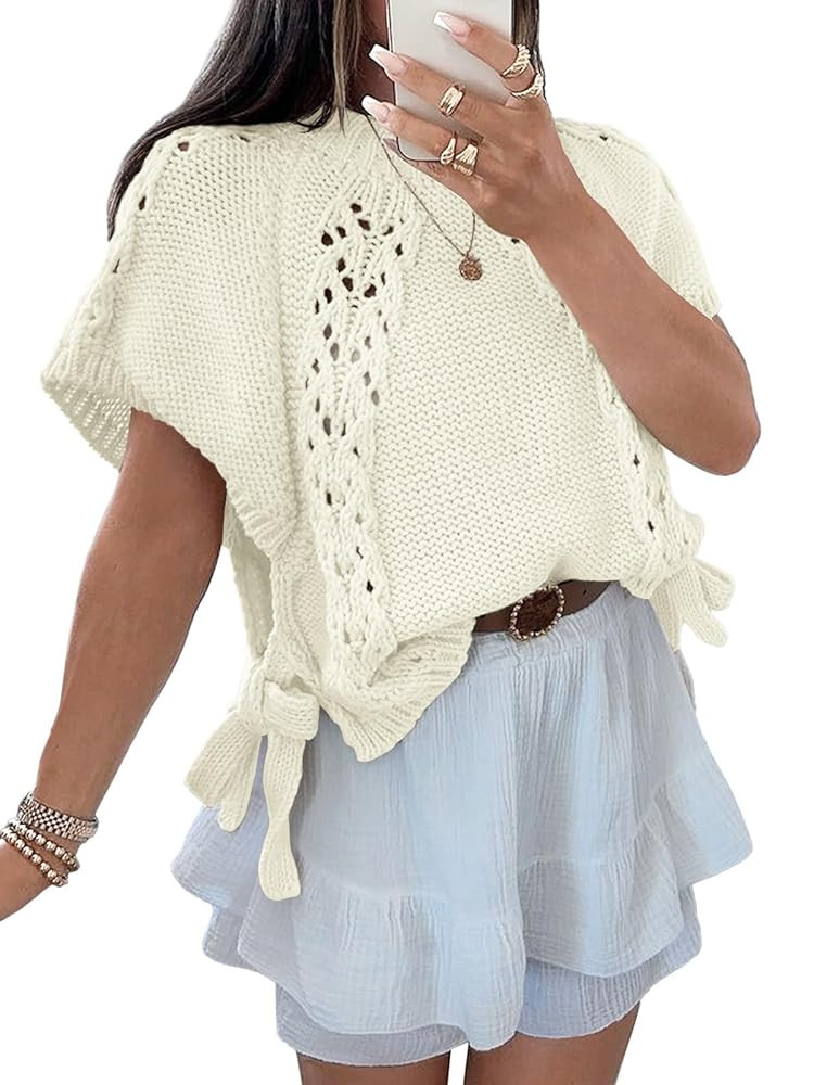 Saodimallsu Womens Summer Crochet Sweaters Batwing Cap Sleeve Cable Knit Crewneck Side Tie Casual... | Amazon (US)