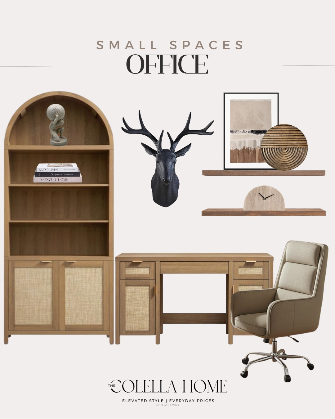 Styled office includes desk, bookshelf, office chair, decorative books, floating shelves, table clock, wall art, deer wall hanging.

Home decor, styled home, home office, small spacess include

#LTKHome #LTKSaleAlert #LTKSeasonal