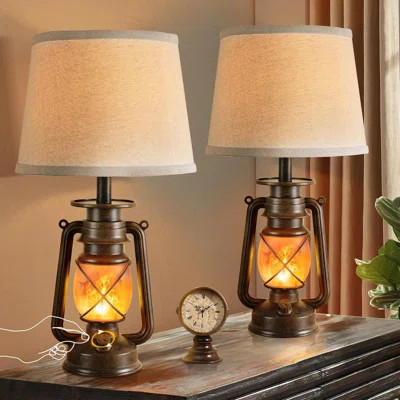 18.72" Led Vintage Lantern Table Lamps Set Of 2, Flickering Flame Effect, Farmhouse Rustic Bedside Lamps For Bedroom Living Room Decor | Wayfair North America