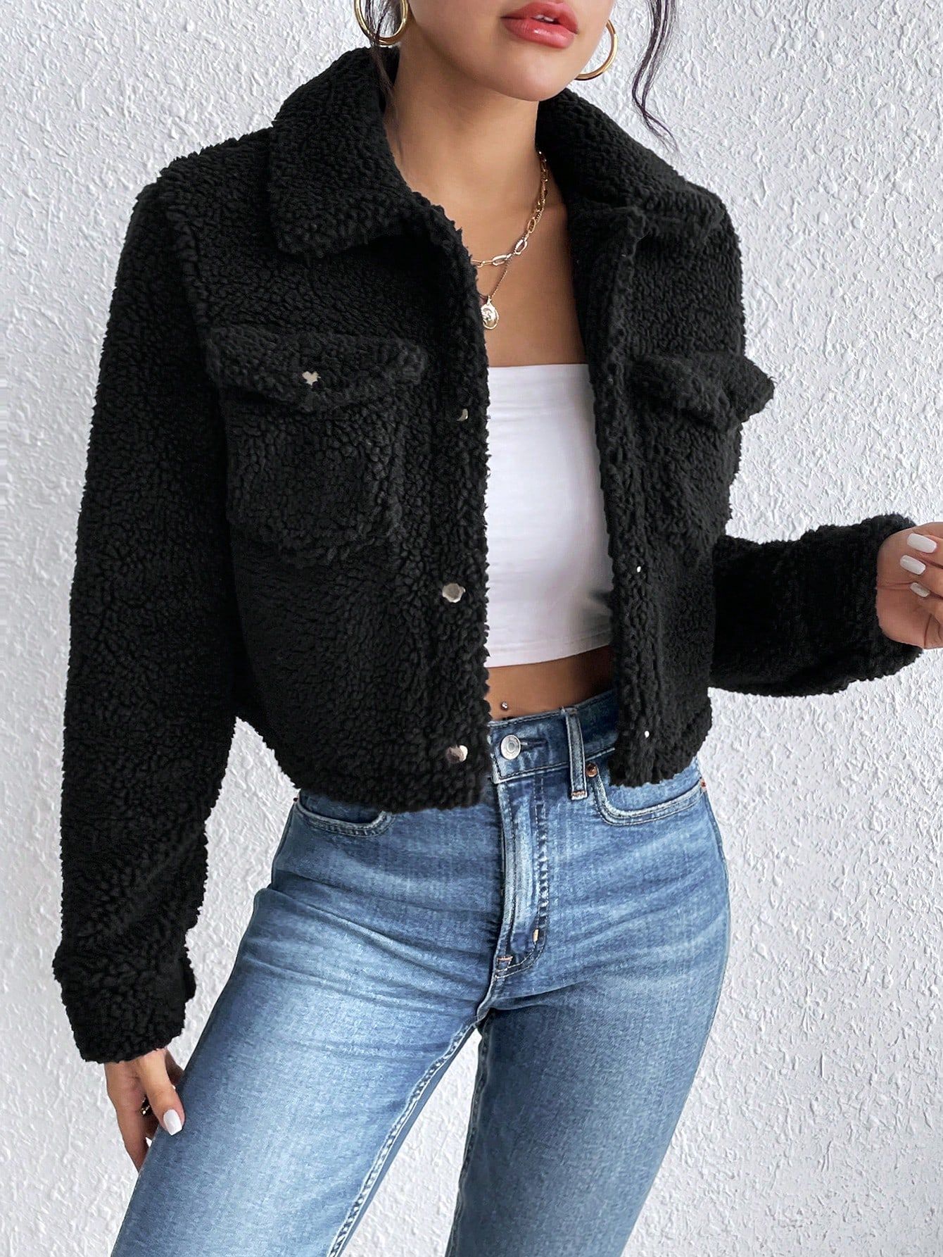 SHEIN Privé Flap Pocket Teddy Jacket | SHEIN