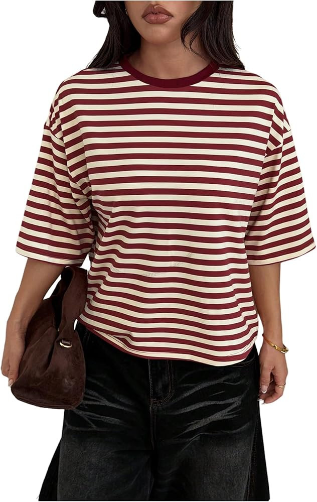 SweatyRocks Women's Striped Half Sleeve Rugby Shirts Casual Crew Neck Drop Shoulder Loose Tees St... | Amazon (US)