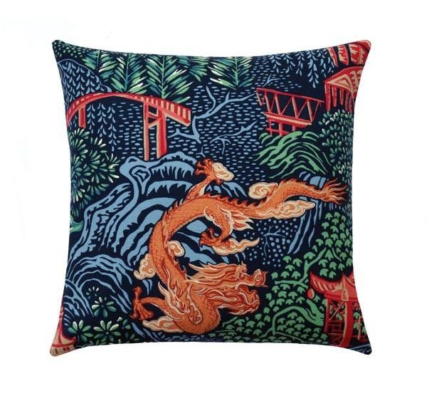 Chinese Dragon Chinoiserie Toile Navy Blue Linen Pillow | Land of Pillows