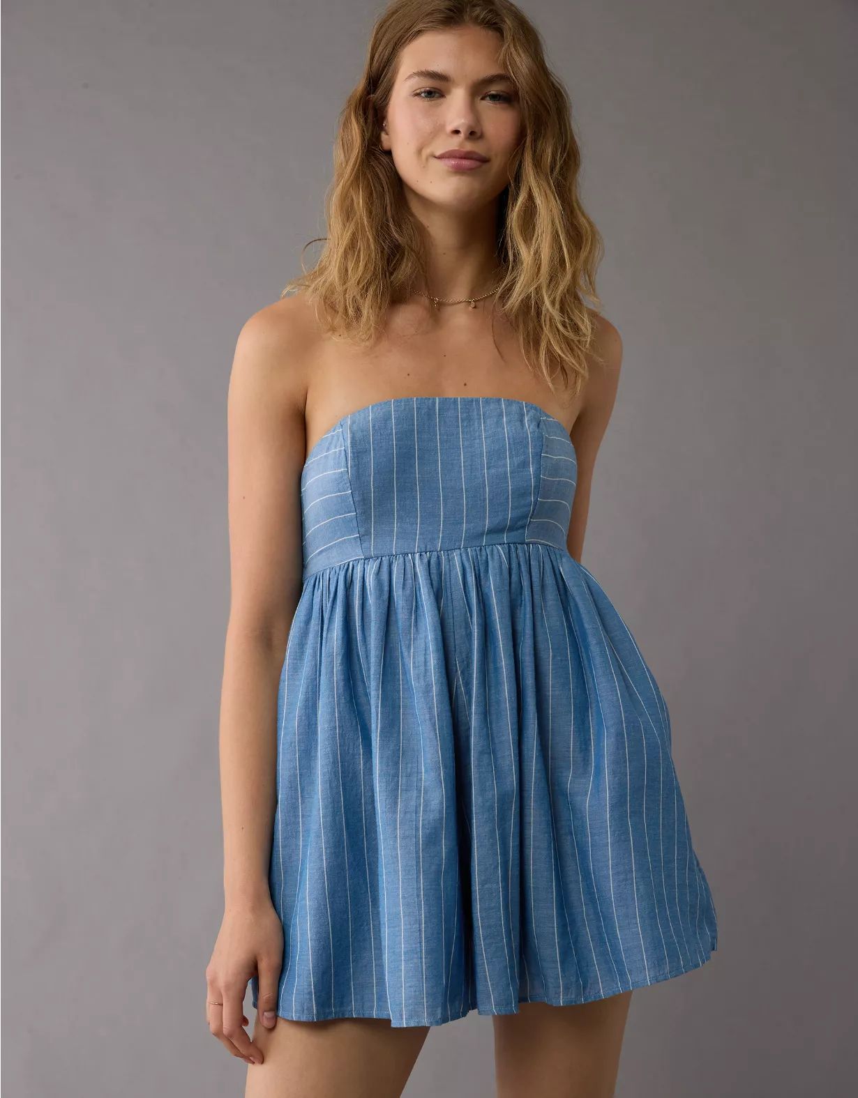 AE Strapless Tie Back Babydoll Romper | American Eagle Outfitters (US & CA)