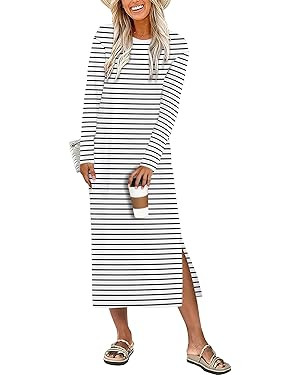 ANRABESS Long Sleeve Midi Dresses for Women Fall Fashion Casual Vacation Crewneck Loose Split Str... | Amazon (US)