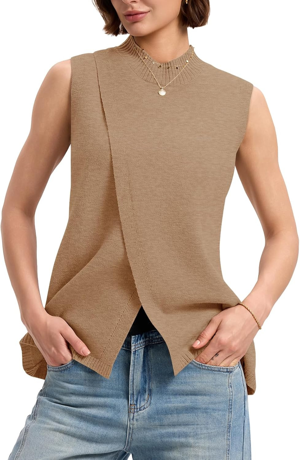 LOMON Womens Mock Neck Sweater Vest Slim Fit Side Split Sleeveless Pullover | Amazon (US)