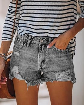 MINGALONDON Women's Denim Shorts Mid Waist Ripped Distressed | Amazon (US)