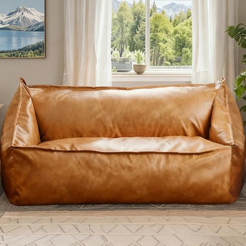 KBZSlyn Faux Leather Bean Bag Chair Cover (No Filler) Brown Bean Bag Lounger for Adults Beanbag Cover Without Filling Pouf Chair Lazy Floor Sofa for Living Room Bedroom Indoor (2-Seater) | Amazon (US)