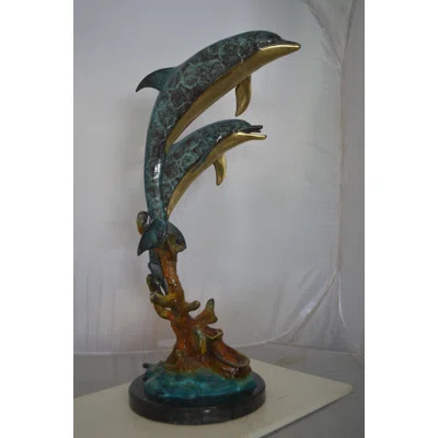 Bronze Two Dolphins fountain Bronze Statue on a marble - Size: 19"L x 15"W x 36"H. | Wayfair North America