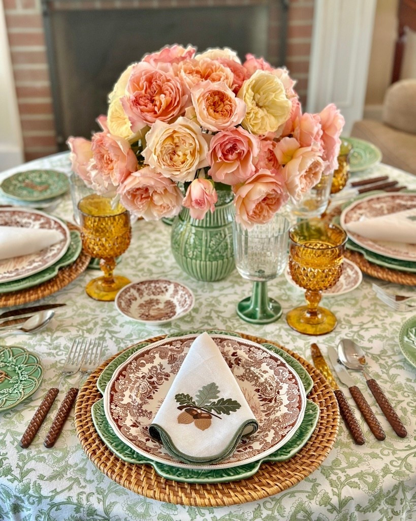 Fall table in green and brown cabbageware brown transferware Thanksging table 

#LTKHoliday #LTKSeasonal #LTKSaleAlert