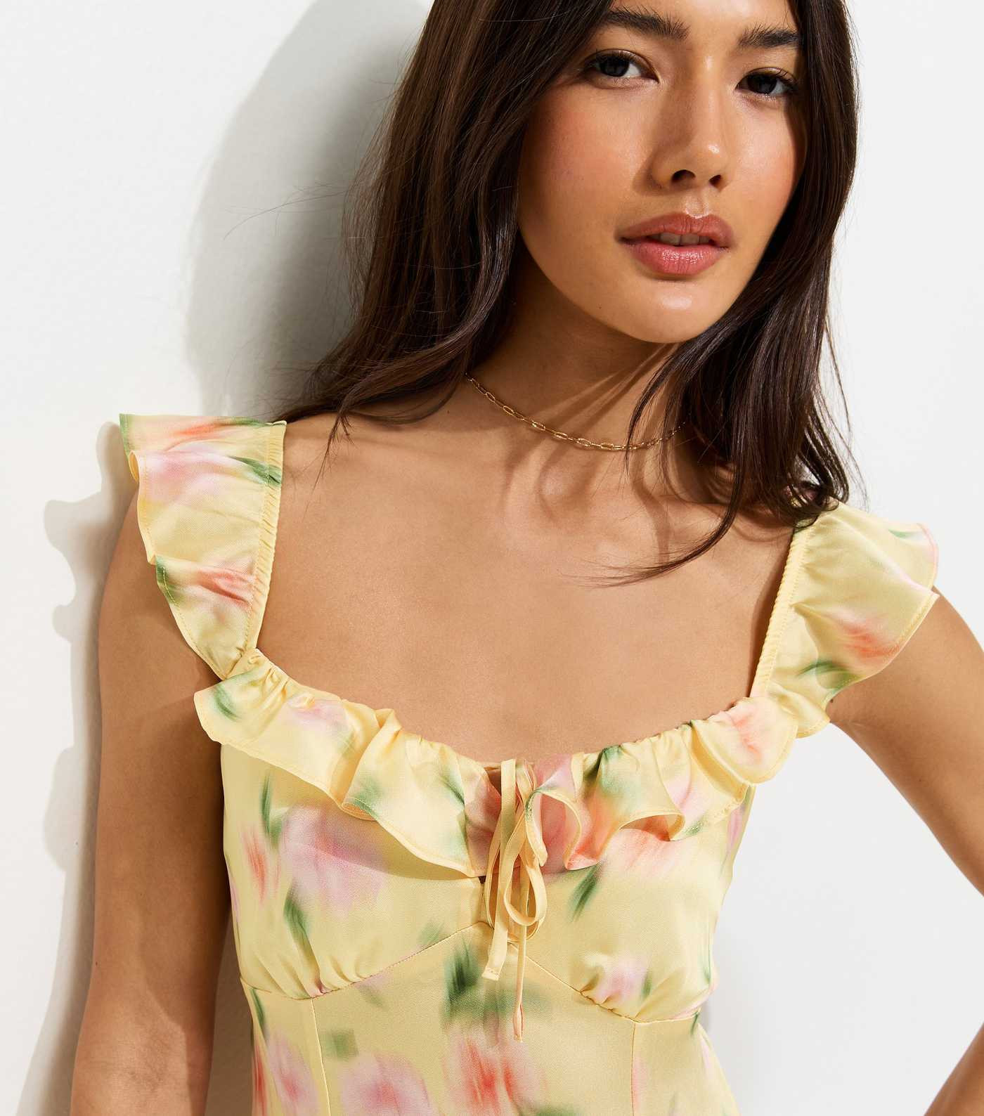 Yellow Floral Print Ruffle Trim Satin Midi Dress | New Look | New Look (UK)