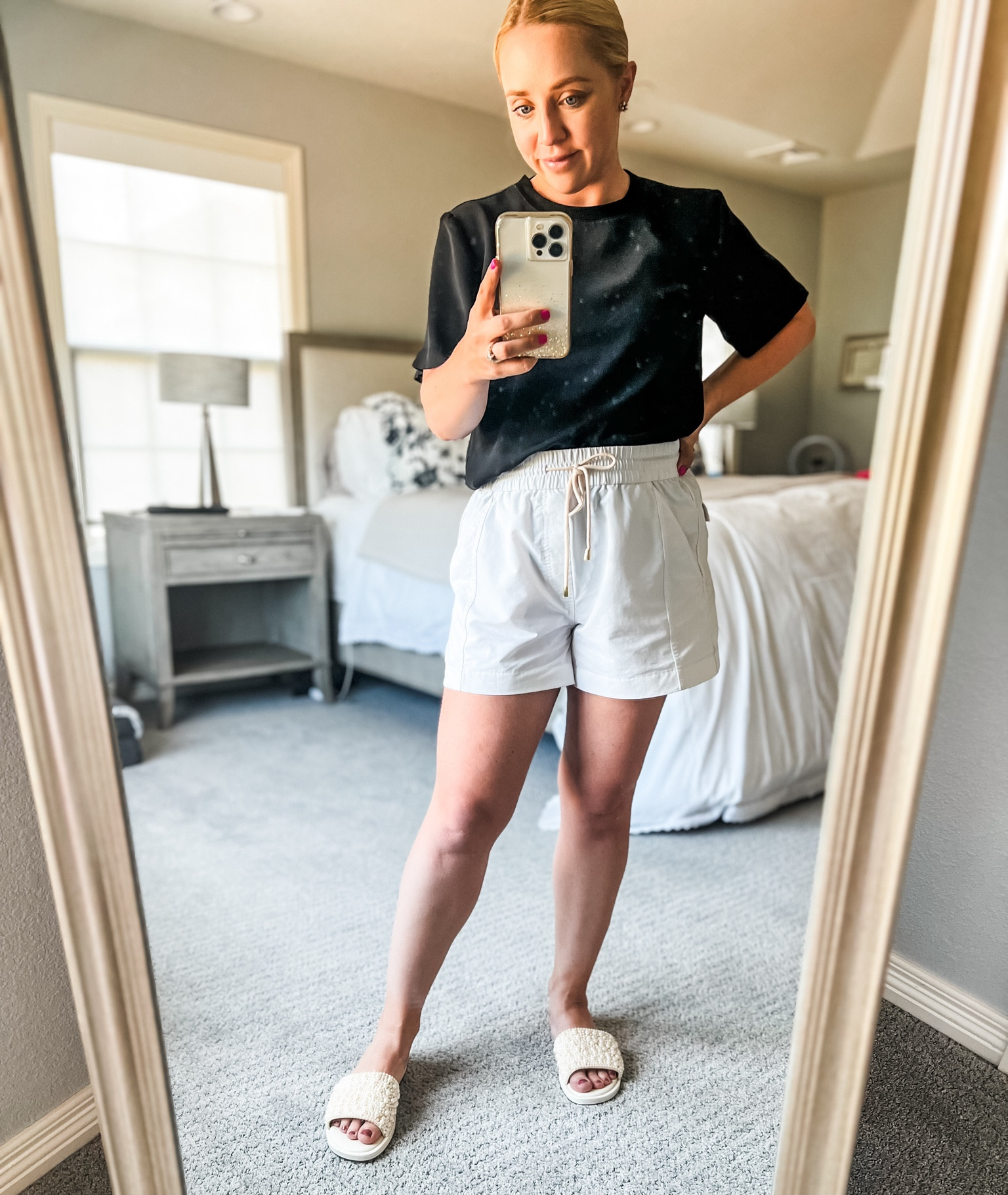 Realistic mom outfit for weekend. I love that this t shirt is satin and more dressy than a regular tee. Fits true to size.
Summer outfit. Casual outfit. Mom outfit. Weekend outfit. 

#LTKStyleTip