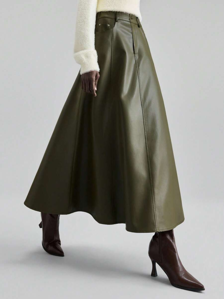 Ontre 2025 Autumn/Winter New Women's Casual Fashion Military Green Faux Leather Skirt, Soft & Com... | SHEIN