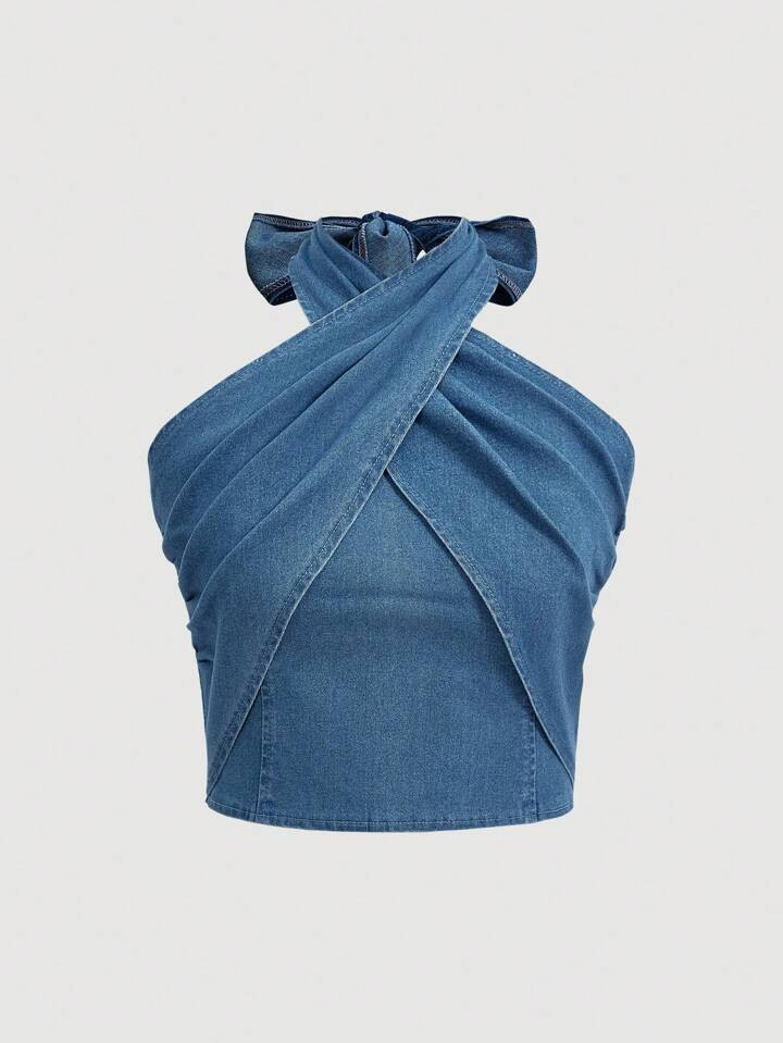 SHEIN MOD Y2k Elastic Cropped Sexy Womens Denim Halter Top Tight Sweet Blue | SHEIN