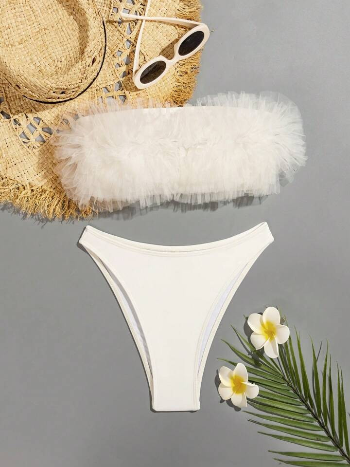 SHEIN Swim Women's Mesh Decor Strapless Bikini Top And Bottom Set With Swimsuit Cover-Up, Beach W... | SHEIN