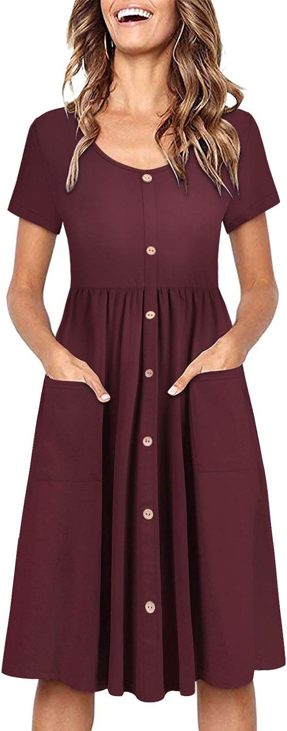 OUGES Women's Long Sleeve V Neck Button Down Skater Dress with Pockets | Amazon (US)
