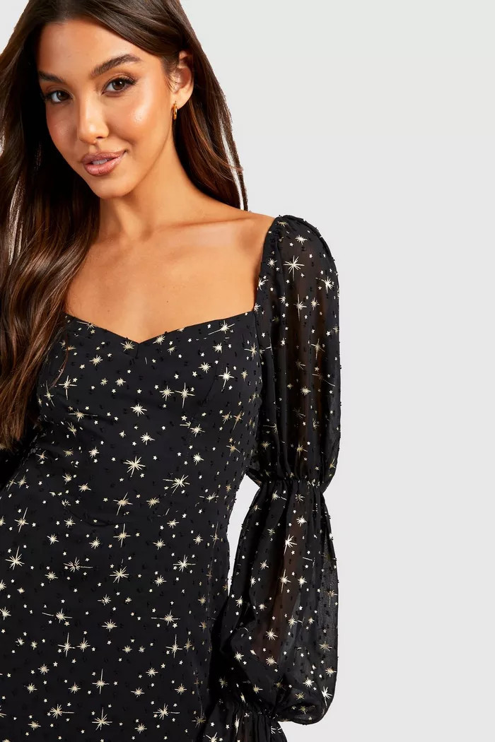 Star Print Chiffon Milkmaid Maxi Dress | Boohoo.com (UK & IE)