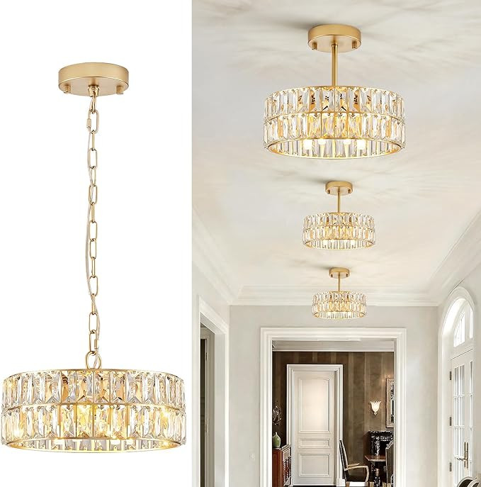 Small Gold Crystal Chandeliers, Modern Semi Flush Mount Chandelier 4-Light Drum Crystal Ceiling P... | Amazon (US)