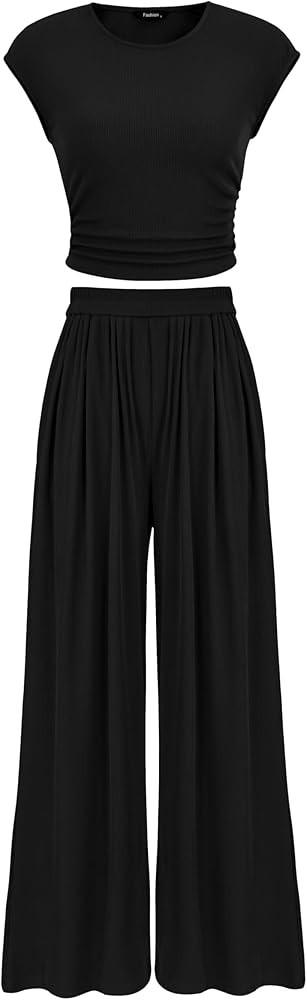 PRETTYGARDEN Women's Summer 2 Piece Outfits 2025 Cap Sleeve Ruched Slim T Shirt Ribbed Knit Wide ... | Amazon (US)