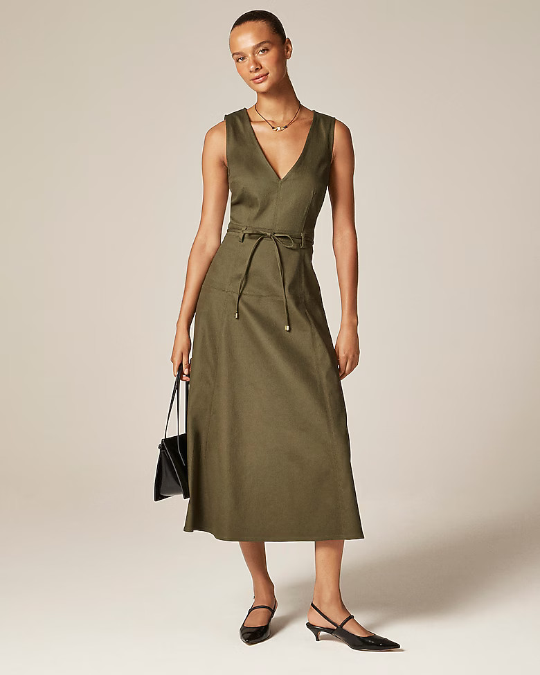 Seamed tie-waist dress in tailored twill | J. Crew US