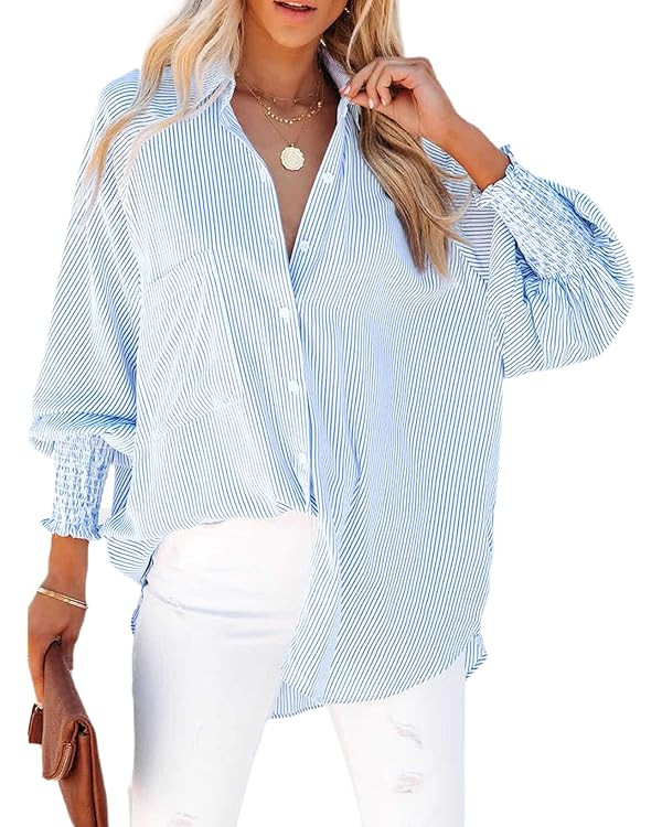 Womens Smocked Cuffed Striped Boyfriend Shirt Casual Collar Long Sleeve Oversized Button Down Blo... | Amazon (US)