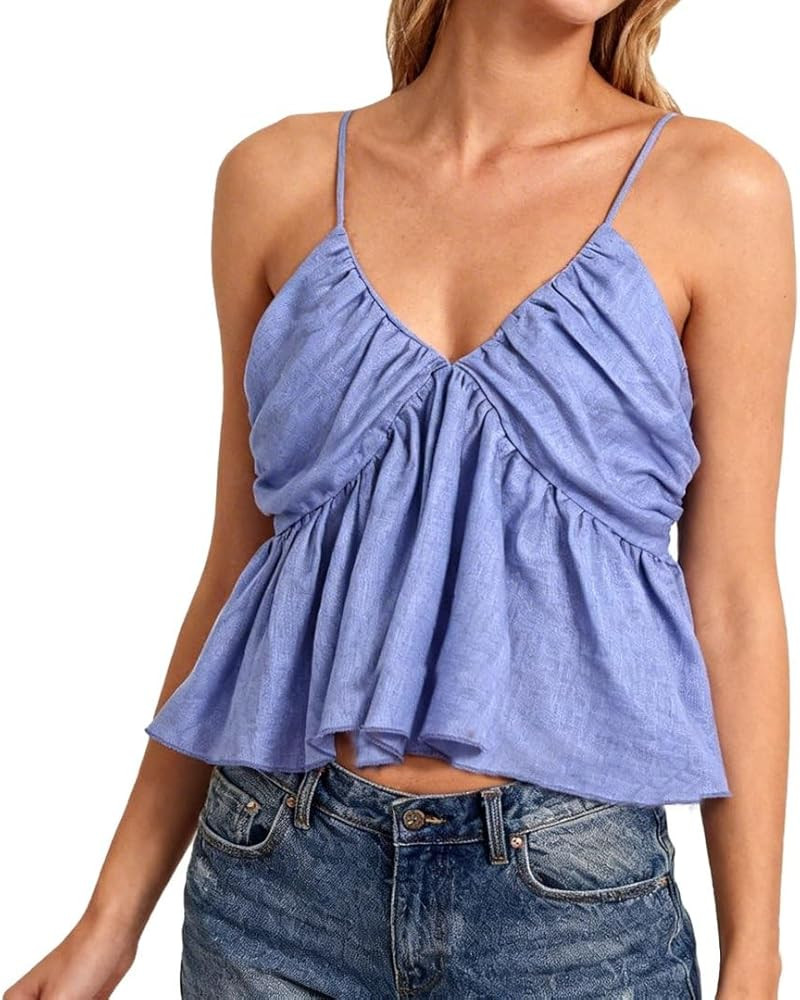 Xintianji Women's 100% Linen V Neck Sleeveless Spaghetti Strap Peplum Cami Tops Blue, X-Small at Amazon Women\u2019s Clothing store | Amazon (US)