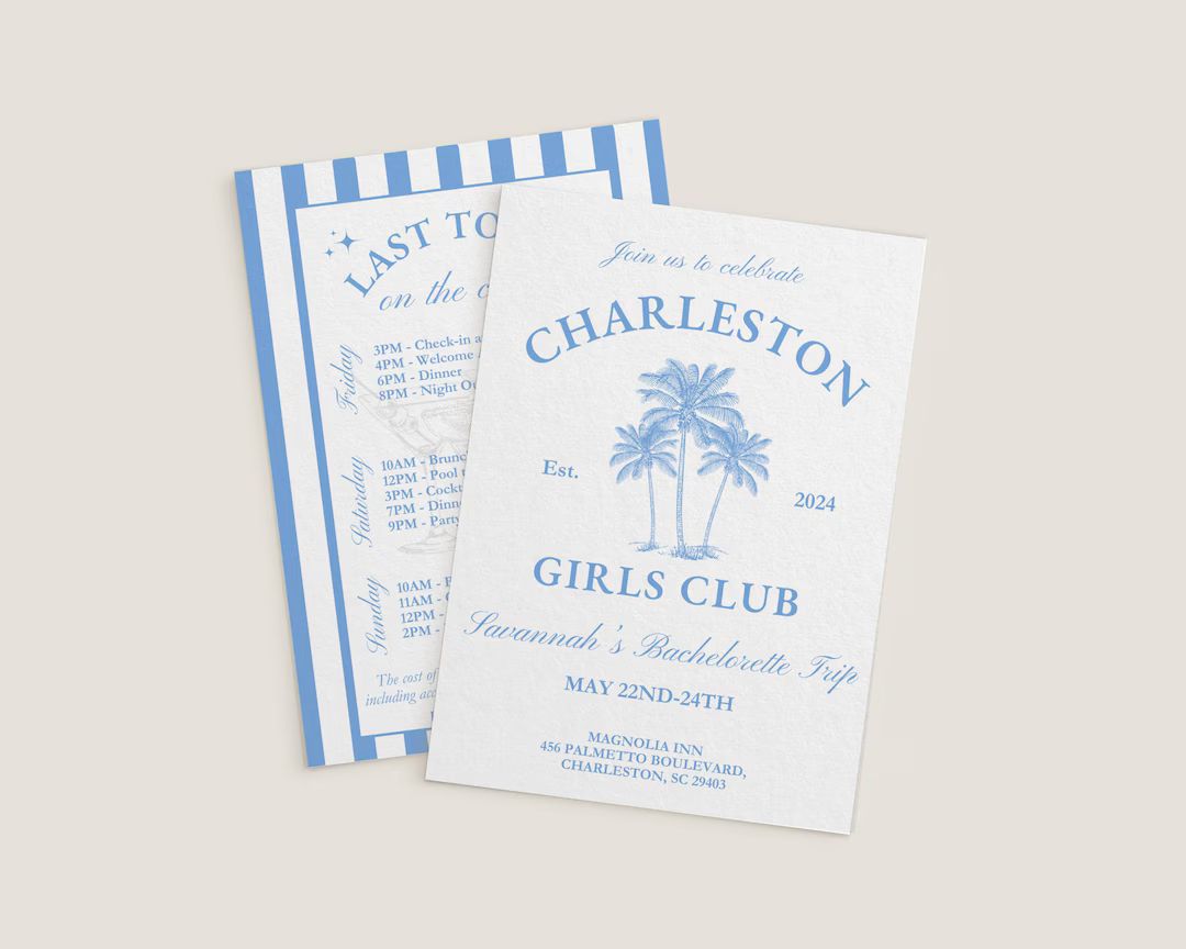Charleston Coastal Bachelorette Invitation Itinerary, Last Toast on the Coast Theme, Blue Girls W... | Etsy (US)