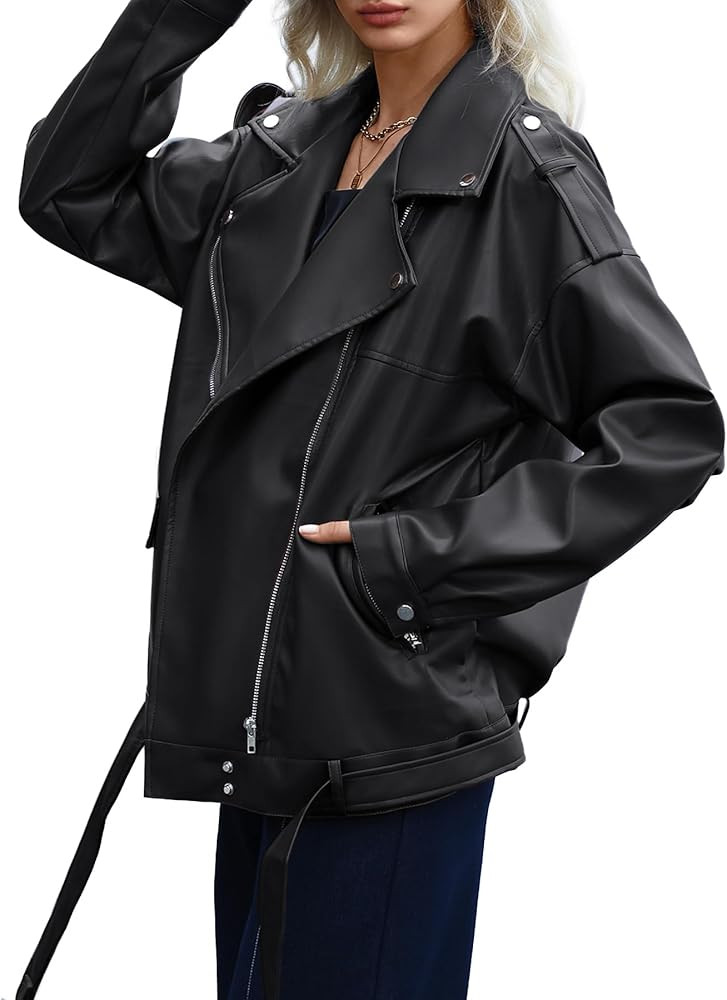 Zando Black Leather Jacket Women Oversized Leather Motorcycle Jacket Womens Leather Jacket Sexy B... | Amazon (US)