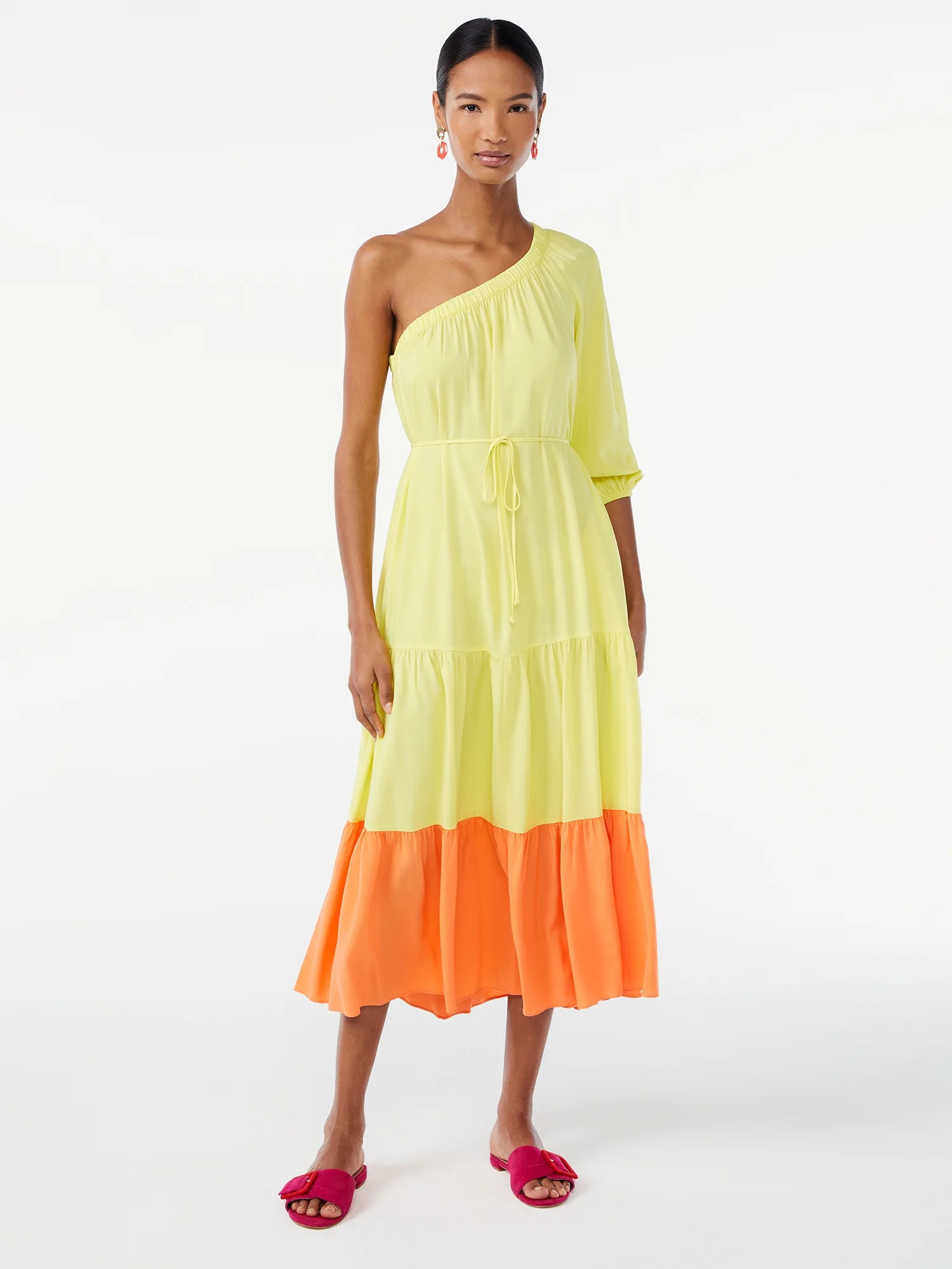 Scoop Women's One Shoulder Color Block Maxi Dress with Tie Front | Walmart (US)