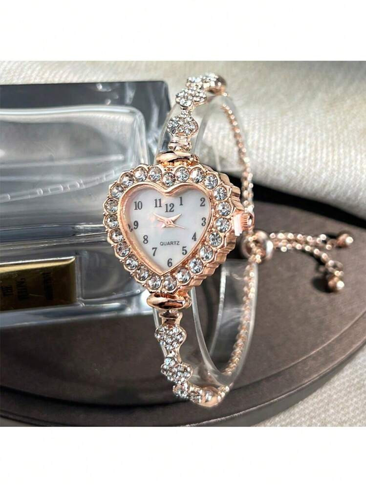 1pc Women's Rose Gold Alloy Bracelet Watch With Heart-Shaped Case, Arabic Numerals, Exquisite Quartz Movement And Adjustable Drawstring, Suitable For Daily Decor & Easy To Wear As A Gift For Students Returning To School | SHEIN