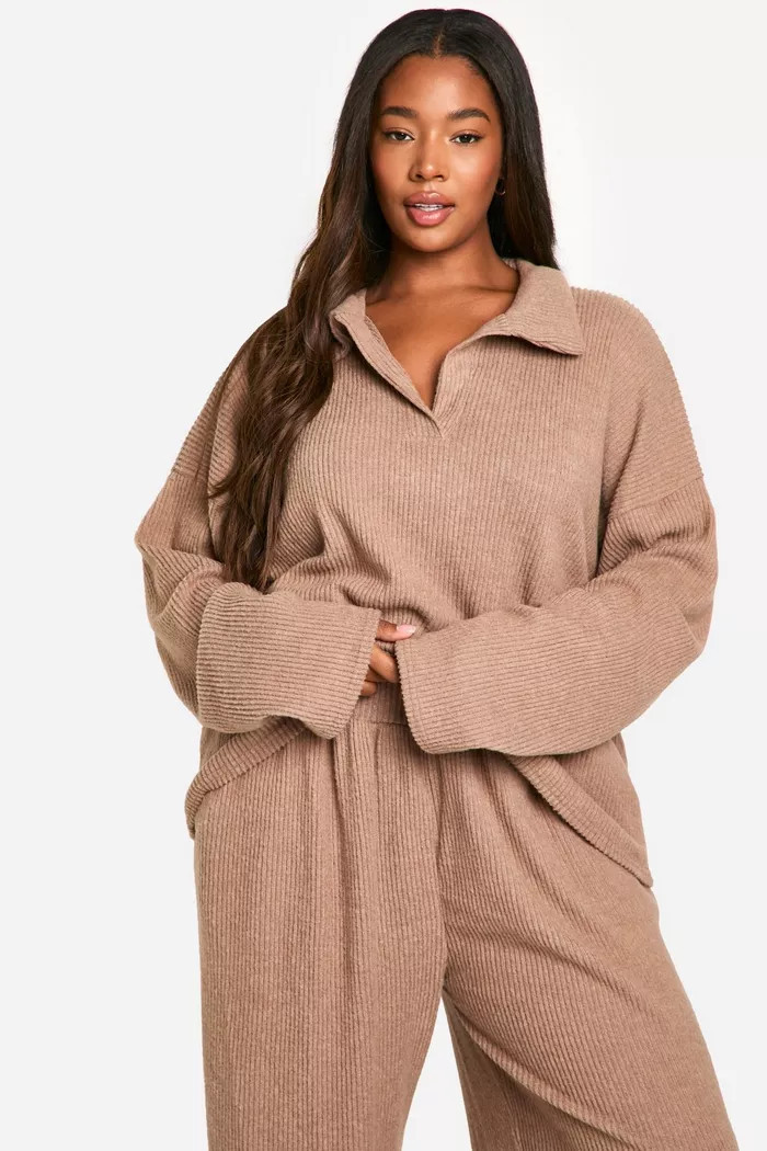 Plus Soft Rib Collared Top & Pants Lounge Set | boohoo (US & Canada)