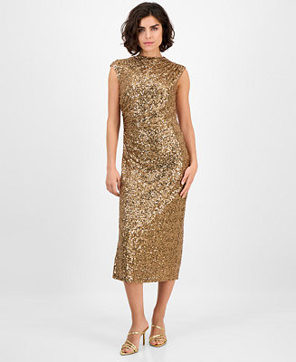 Women's Drape-Neck Sleeveless Sequin Dress | Macy's
