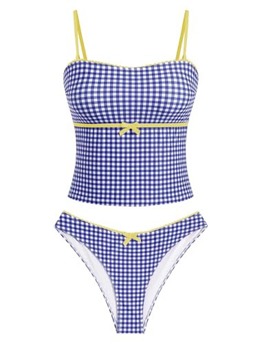 ZAFUL Tankini Swimsuits for Women Bow Tie Side Bathing Suits Tummy Control High Cut Two Piece Bikini Sets (2-Gingham-Blue, S) | Amazon (US)