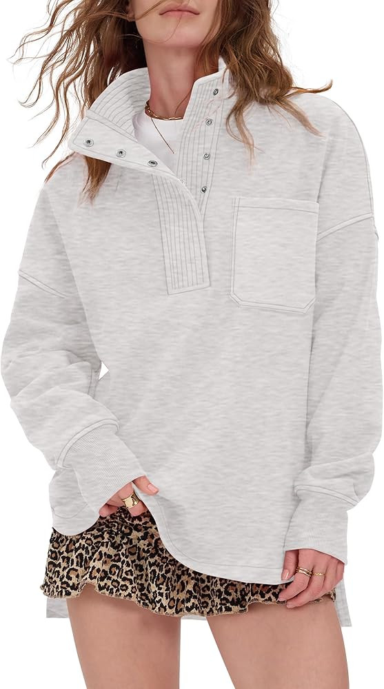 Locachy Womens Casual Oversized Sweatshirt Long Sleeve Button Henley Neck Pullover Tops Fashion O... | Amazon (US)
