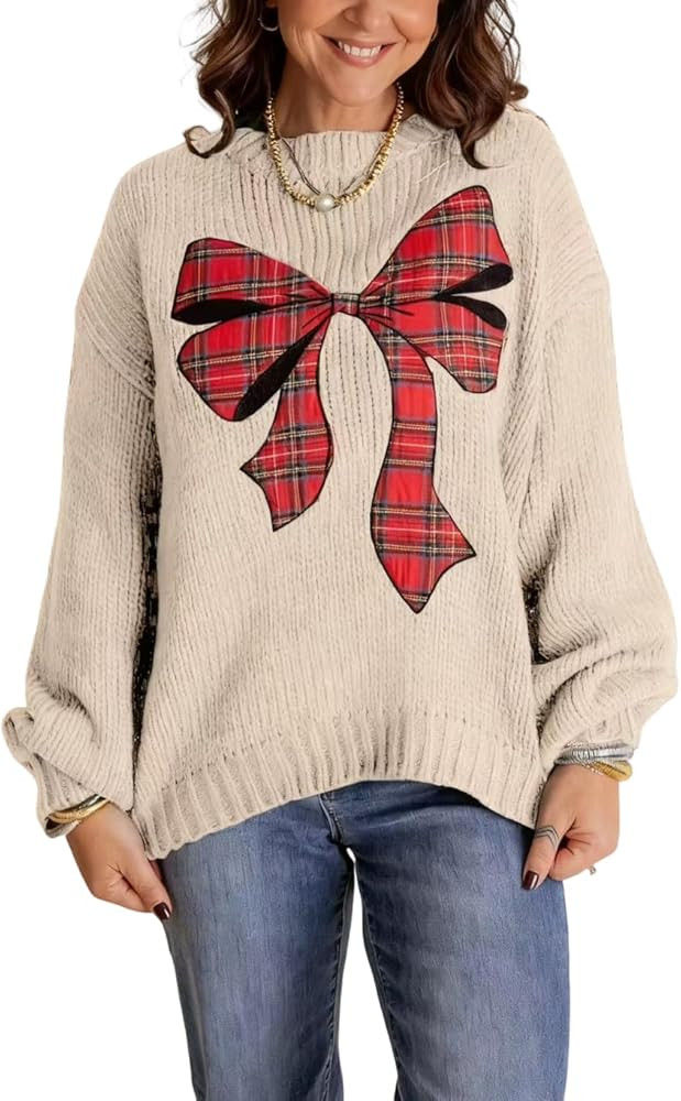 Melliflo Graphic Christmas Sweater for Women Crewneck Plaid Bow Sweaters Long Sleeve Cropped Swea... | Amazon (US)