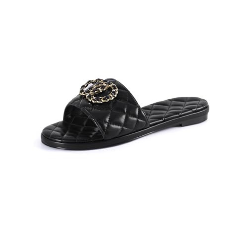 Eusibb Flat Sandals for Women Black Slides Dressy Sandals for Women Elegant Quilted Memory Foam Comfortable Slip On Beach Sandals | Amazon (US)