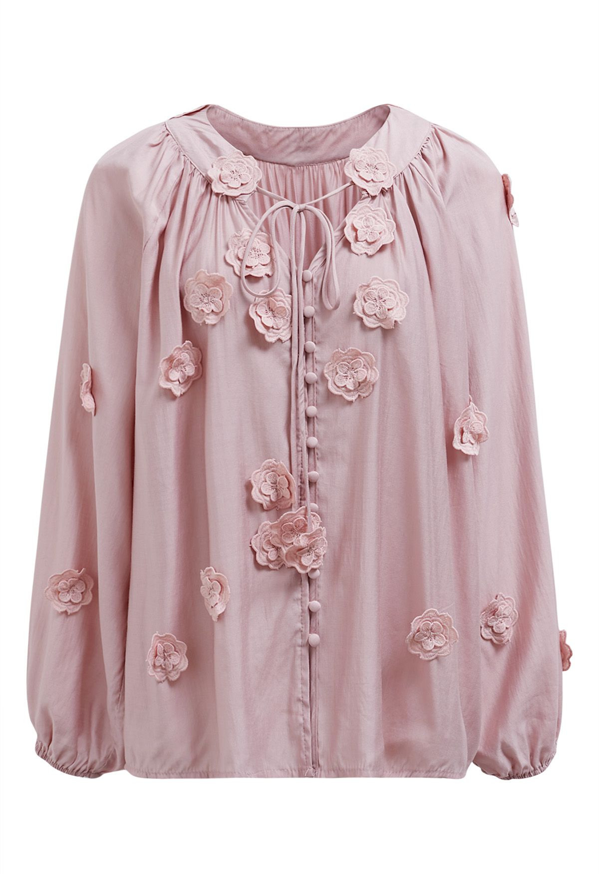 Romantic Blossom 3D Lace Flowers Buttoned Shirt in Pink | Chicwish
