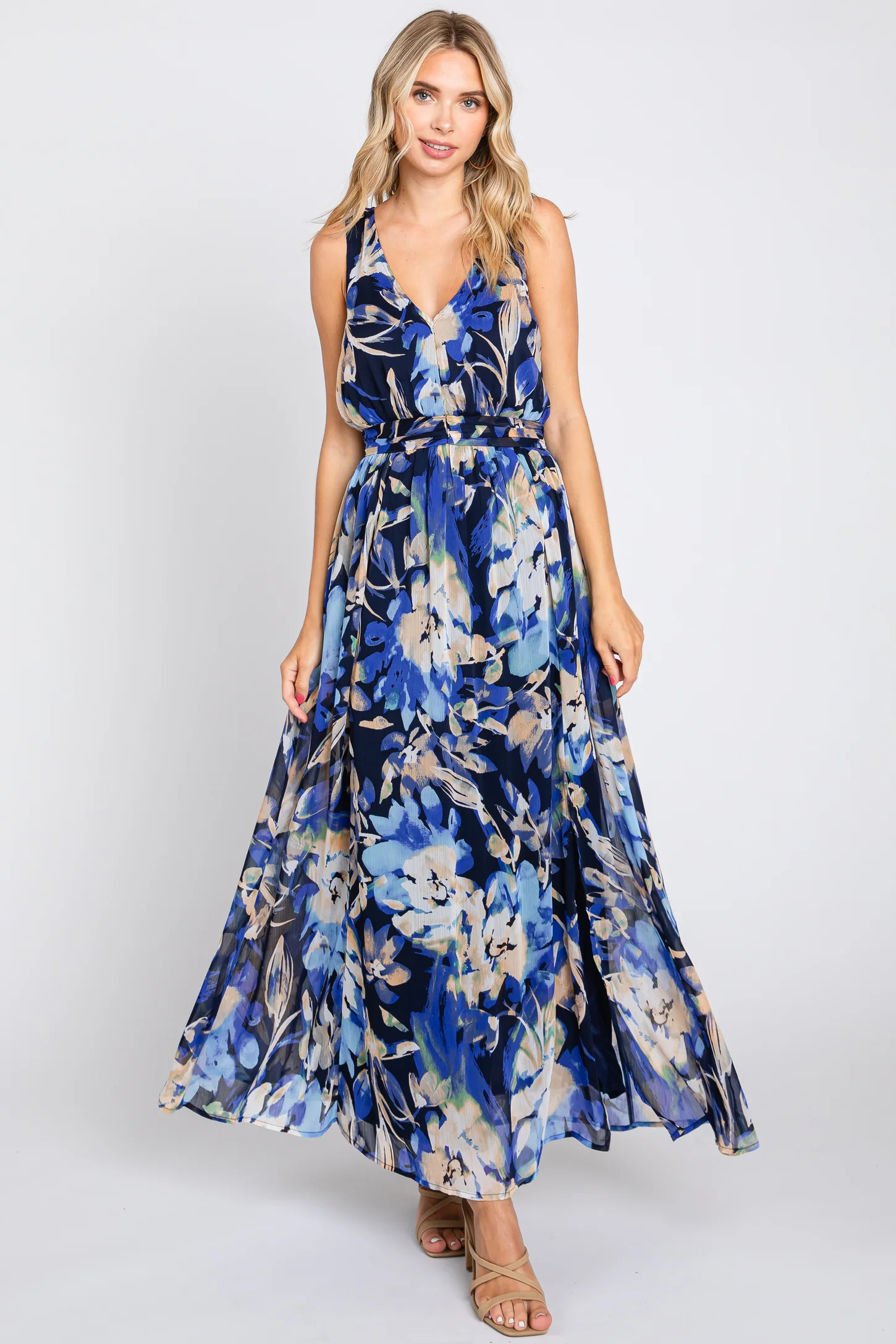 Navy Floral Pleated Waist Maxi Dress | PinkBlush Maternity
