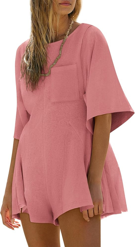 Yousify Rompers for Women Summer Outfits Slim Fit Short Sleeve Crew Neck Jumpsuits with Pocket | Amazon (US)
