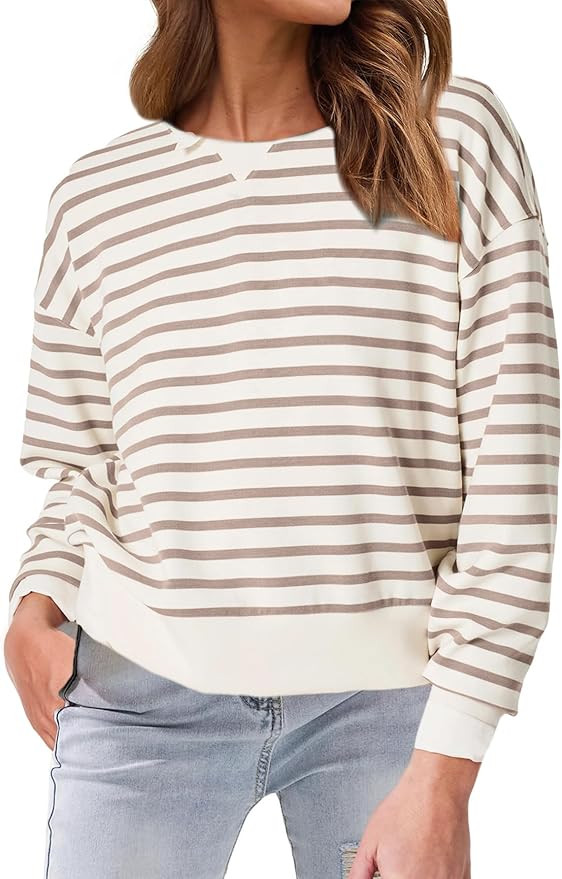 Glamaker Women's Striped Crewneck Sweatshirt Pullover Casual Long Sleeve Cropped Shirts Loose Fit... | Amazon (US)