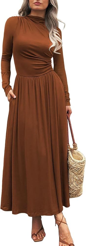 Women's Long Sleeve Maxi Dress 2024 Fall Crewneck Knit Plain Empire Waist Casual Slim Pleated Dre... | Amazon (US)