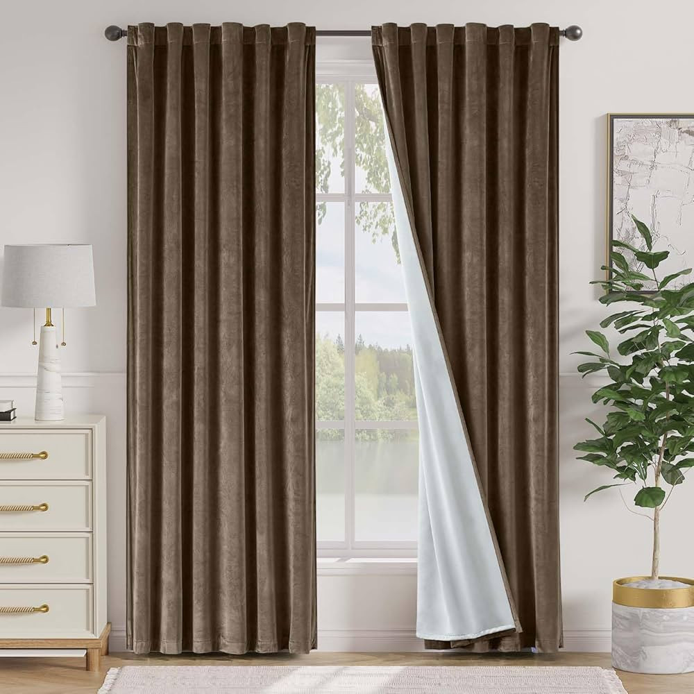 Lazzzy Brown Blackout Velvet Curtains 84 Inch Long Thermal Insulated Room Darkening Curtain Drape... | Amazon (US)