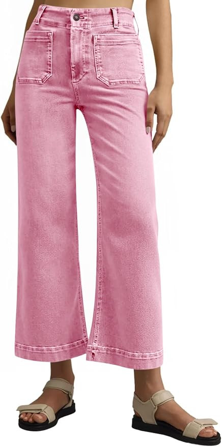 Tankaneo Womens Wide Leg Jeans High Waist Cropped Baggy Denim Pants | Flare,Stretchy,Front Patch ... | Amazon (US)