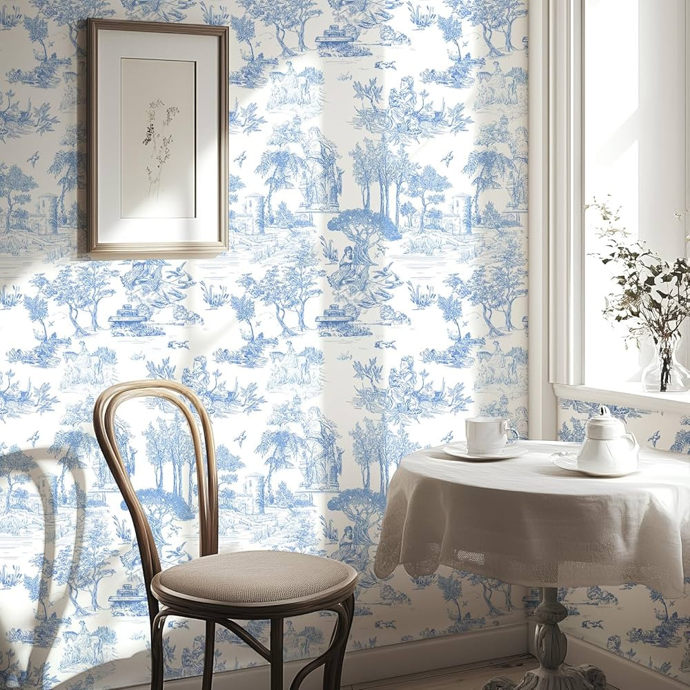 WENMER Toile Wallpaper, 17.7" X 118" Blue and White Peel and Stick Wallpaper, Toile de Jouy Wall ... | Amazon (US)