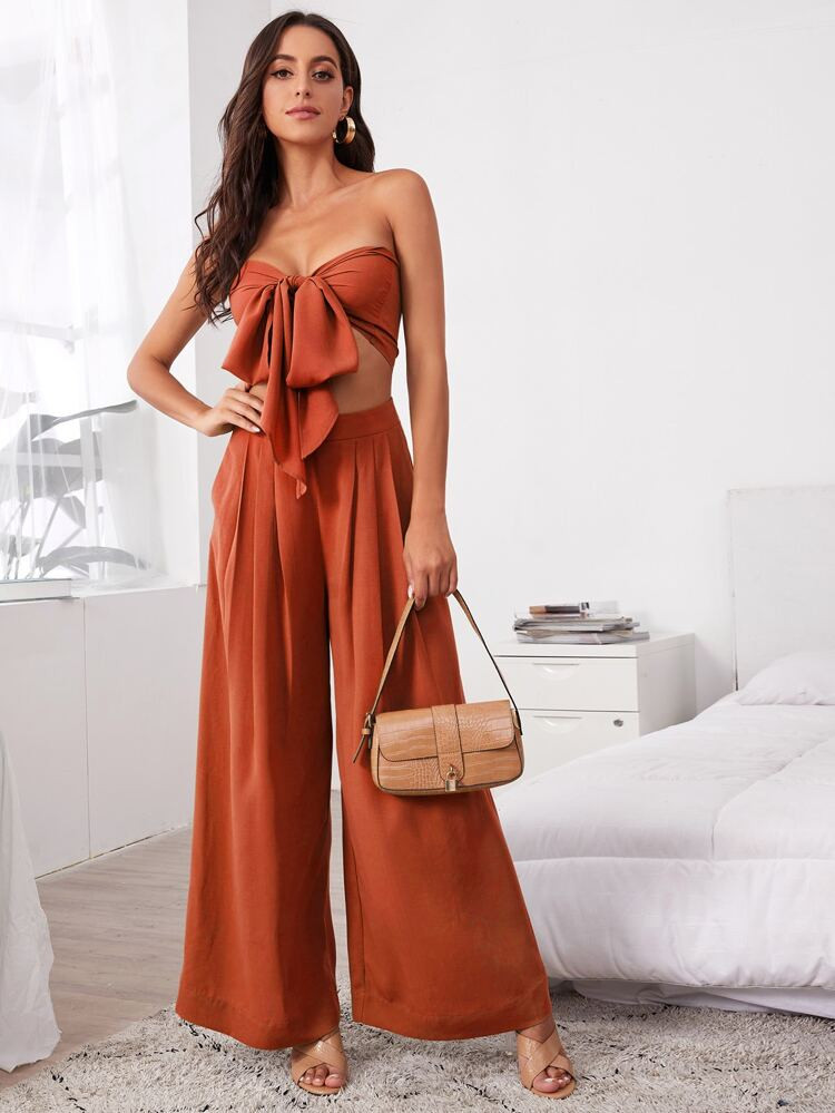 SHEIN VCAY Tie Front Tube Top & Pleated Wide Leg Pants Set | SHEIN